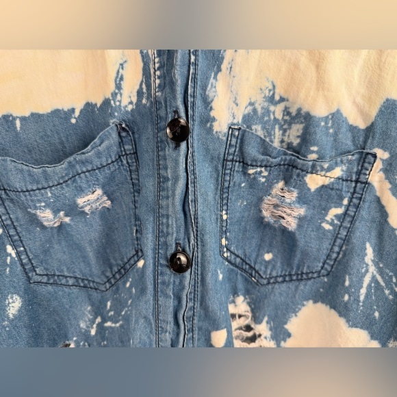 Thrill Jeans Womens High Low Heavily Distressed Button Down Blue Shirt Top Lg. - Picture 7 of 14